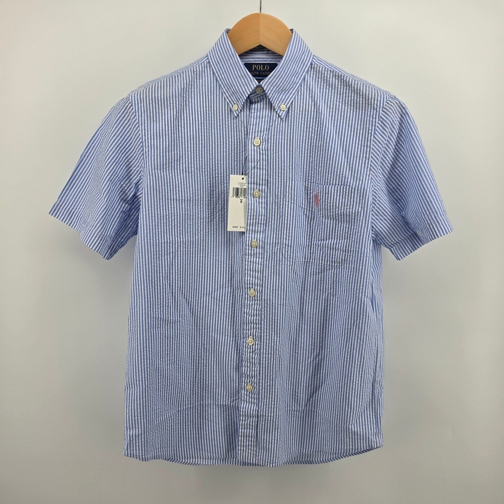 Polo Ralph Lauren Mens Seersucker Shirt Blue White Stripe Untucked Fit S New